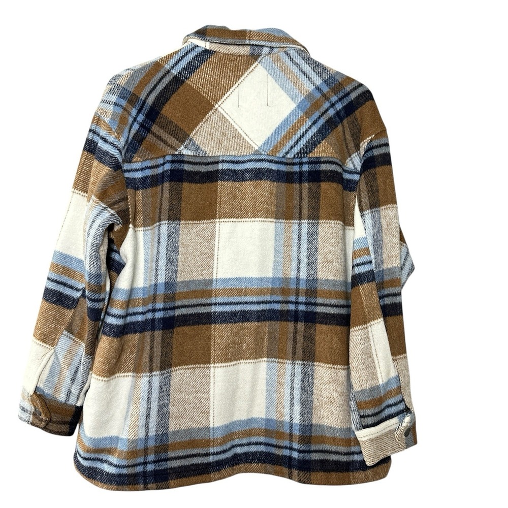 RSQ Plaid Wool Blend Shacket Jacket Medium Brown Blue Cream Oversized Workwear - Picture 3 of 14
